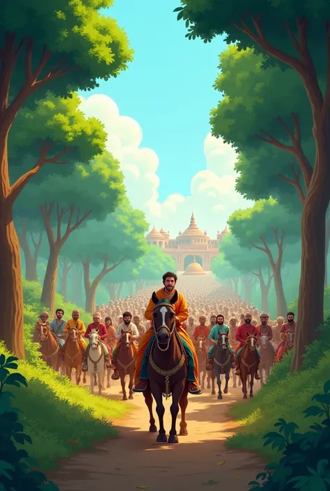 In cinematic 3d cartoon style "A vast caravan of Bharats procession traveling through a dense forest. The group includes chariots, soldiers, sages, and villagers, all moving through the serene wilderness under a bright blue sky. Bharat looks determined as ...