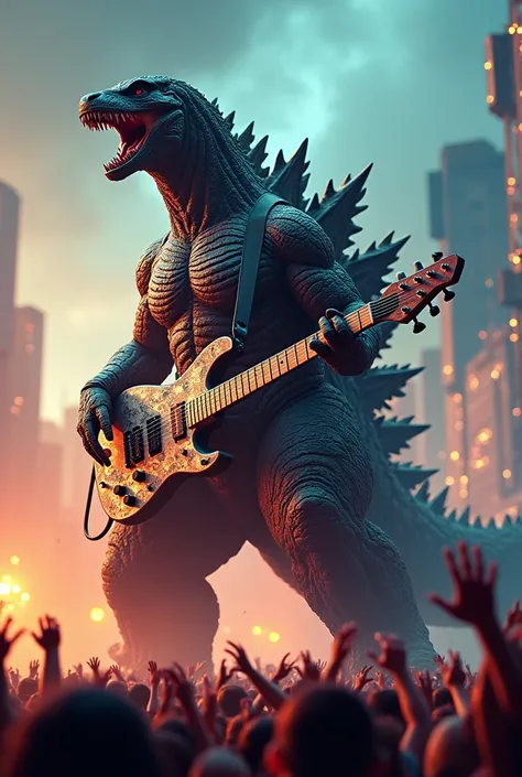 Make me a rock image and the rock star is godzila on guitar s