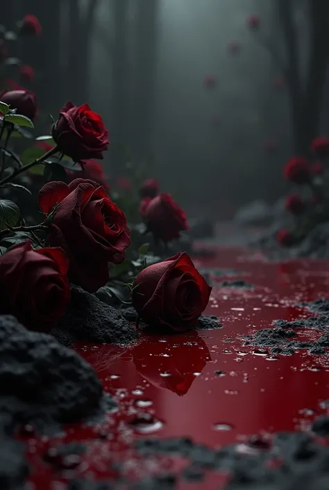  create a background with a mix of black and red,  details of flowing blood , black roses,  in the dark romance vibe but without any character . Background to write . 