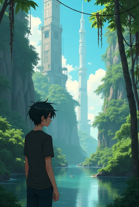 Anime man with hazel eye looking at lake alone in futuristic jungle