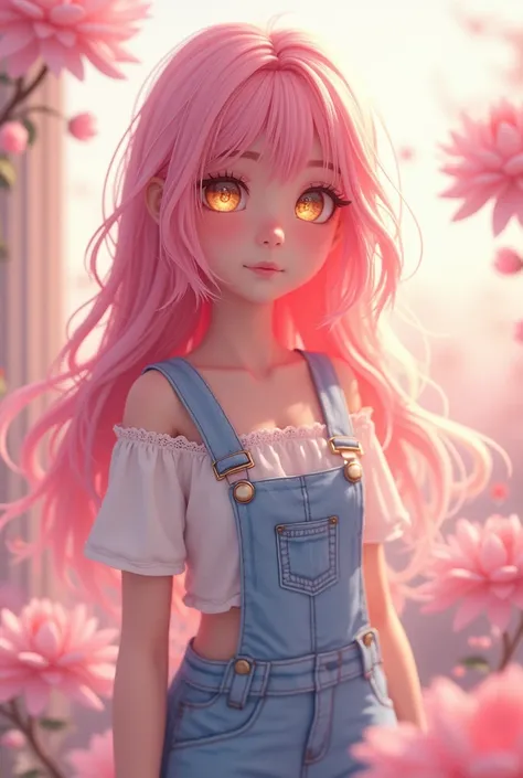 A female character with pink hair and golden eyes. Her age is around 19-21 years. Wear a white dress underneath and some cute denim overalls. Pastel tones 