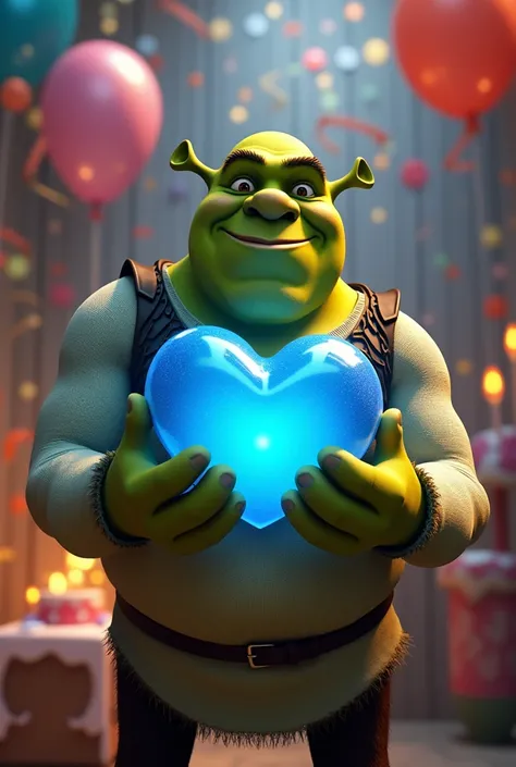 Shrek holding a blue heart in his hands and in the background with a birthday theme