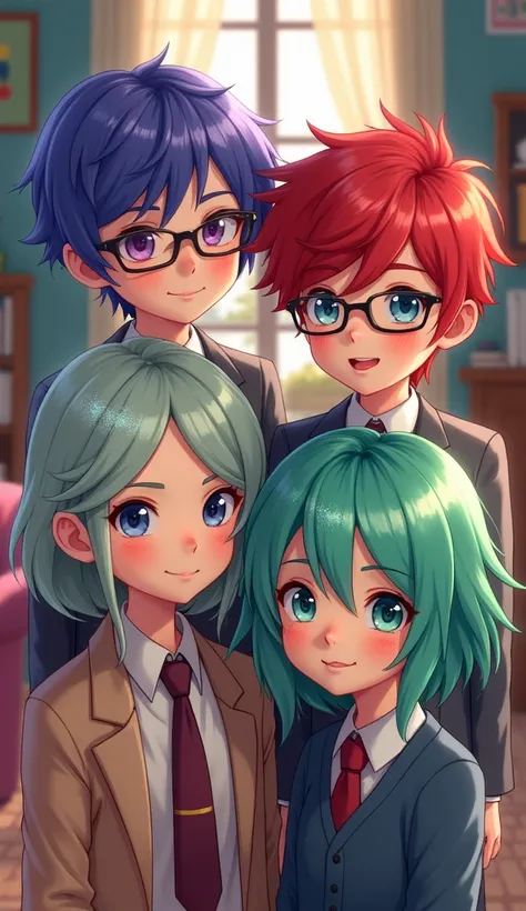 
A blue-haired girl with glasses, a red-haired boy wearing a suit, a girl with green sparkly hair, and a boy with purple hair and glasses are standing in home