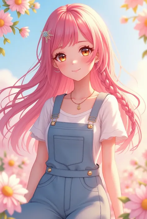 A female character with pink hair and golden eyes.  Her age is around 19-21 years. She had her hair down and half-braided. Wear a white dress underneath and some cute denim overalls. Pastel tones  