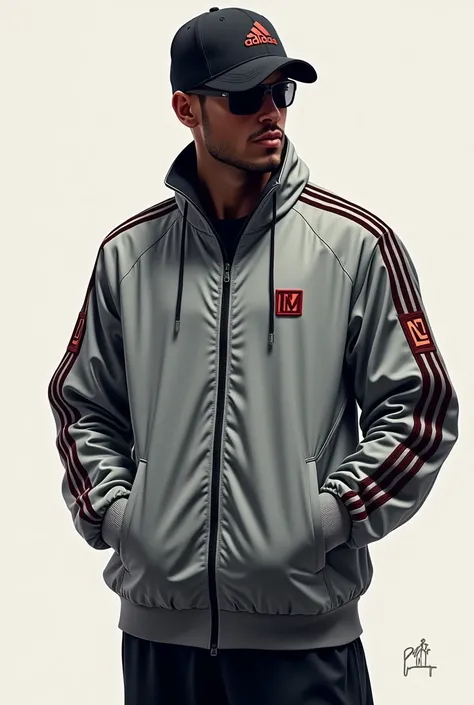 Make a design on a sports jacket with the letters TM on the chest on the side of the heart, on the sleeves a logo with the same letters TM in red and black. Adidas windbreaker style