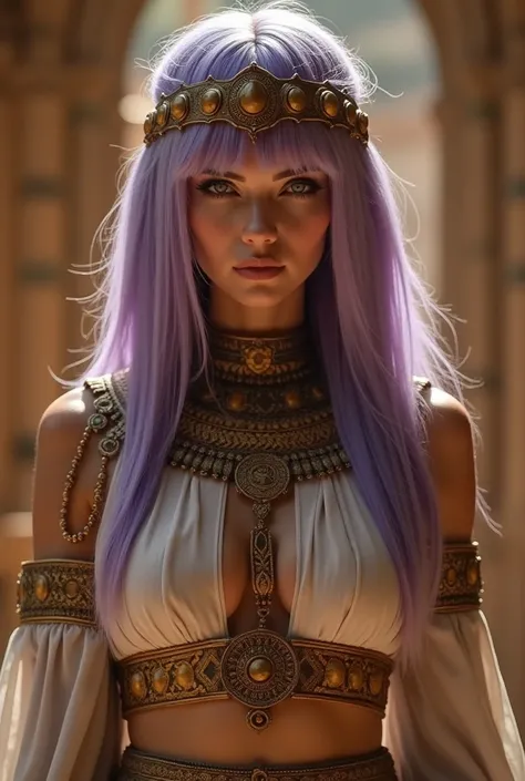 Upper body shot, female, light purple hair, closed mouth, ancient Egyptian noble attire, Egyptian jewelry, dynamic pose, complex fantasy character, NSFW, cinematic lighting, fantasy, magic, detailed background, in ancient Egyptian palace, best quality, HDR...