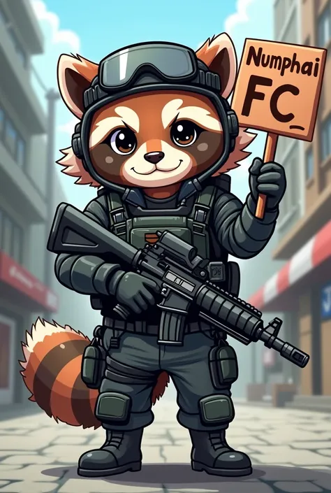 A cartoon depiction of a tanuki (Japanese raccoon dog) wearing a full SWAT tactical uniform, including a helmet, vest, and gear. The tanuki is holding an M4A1 rifle in one hand and a sign in the other hand that reads Nunphai FC in bold, playful letters. Th...