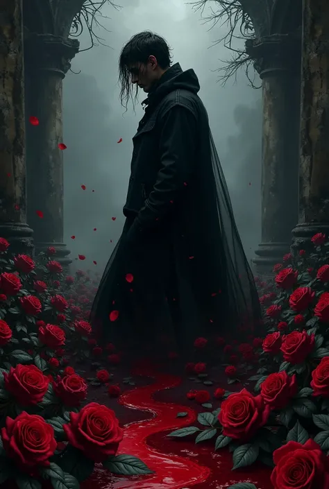 Create a dark romance book cover graphic design with black roses and flowing blood as a background 