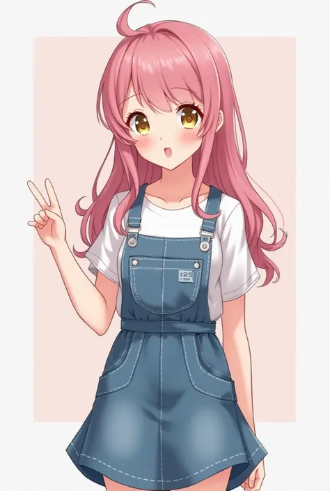 A female character with pink hair and golden eyes.  Her age is around 19-21 years. She had her hair down and half-braided. Wear a white dress underneath and some cute denim overalls. Pastel tones. Overalls are overall skirts.  