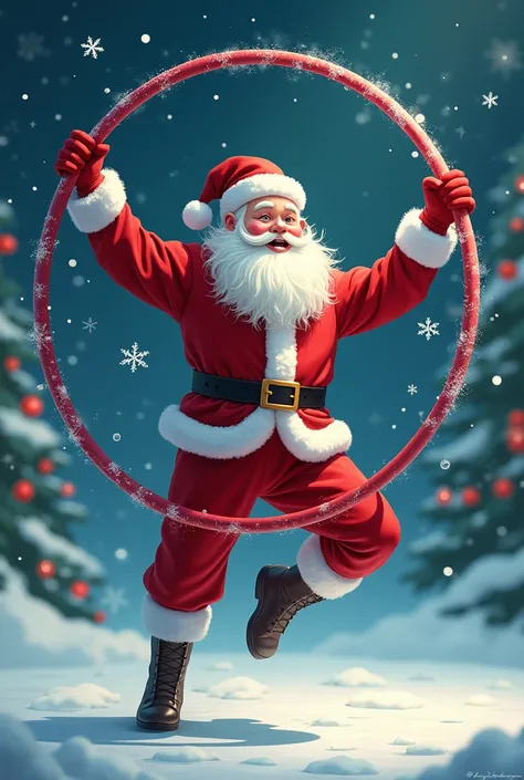 Santa Claus doing rhythmic gymnastics with a hoop