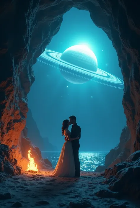 Couple embracing inside a cave seen from the inside with a planet with several rings around it shining with a small fire on one side with the bottom of the sea 