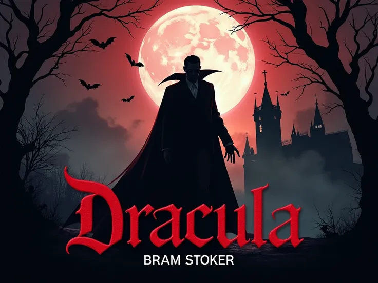 Design a captivating YouTube thumbnail for the audiobook of Dracula by Bram Stoker. The image should feature a dark, atmospheric setting with a silhouette of Count Dracula standing in front of a full moon, casting a long shadow. Incorporate elements like a...