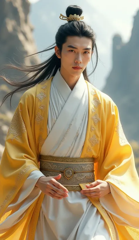 ((best quality)), ((masterpiece)), (detailed), perfect face. Hyper realistic potrait picture of a 21 years old young man in a high quality slik, flowing white and gold yellow hanfu with intricate patterns. Silver hair piece. Wealthy, His long black hair lu...