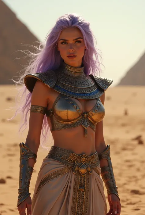 Upper body shot, female, light purple hair, closed mouth, ancient Egyptian armor, combat pose, dynamic pose, complex fantasy character, NSFW, cinematic lighting, fantasy, magic, detailed background, on a desert battlefield, best quality, HDR, 8k, photoreal...