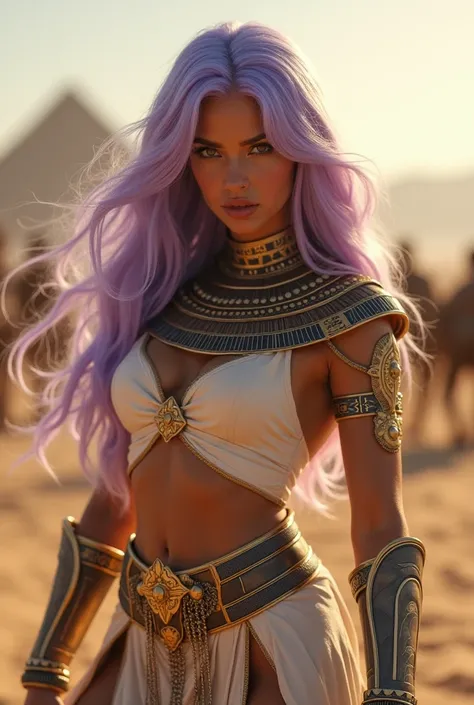 Upper body shot, female, light purple hair, closed mouth, ancient Egyptian armor, combat pose, dynamic pose, complex fantasy character, NSFW, cinematic lighting, fantasy, magic, detailed background, on a desert battlefield, best quality, HDR, 8k, photoreal...