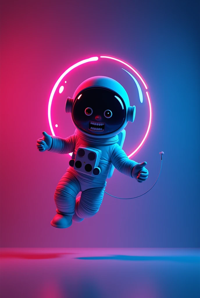  A minimalist neon logo image parodying a very funny and crazy astronaut. The colors are neon magenta and neon sky blue .