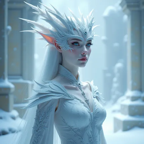 Dragon queen look full human, background on the Frost, white Aura , hips up, 8k, hd, only show from knees to head poses , high quality, clothes frost 