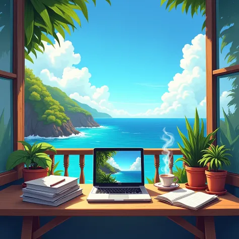 A cozy workspace on a balcony overlooking a vibrant ocean view, featuring a wooden table piled with books and papers, a laptop displaying a scenic image, a steaming cup of coffee, and several potted plants. The background showcases a bright blue sky with f...