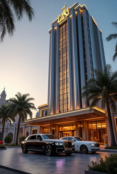 A tall, elegant building with a sleek modern design, featuring a large logo prominently displayed on the exterior. In front of the building, royal cars are parked, shining under the soft light. The background features a luxurious, royal-style setting with ...