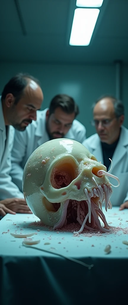 a cinematic scene of A team of researchers huddles around a dissection table where an oceanic humanoid head rests, its jelly-like skin stretching unnervingly over sharp, skeletal ridges. Sudden convulsions ripple across its surface, as if responding to the...