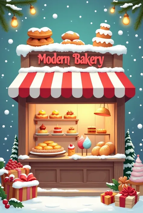 A poster wishing Christmas wishes should be made. The name of the bakery shop is Modern Bakery. Ice creams and bekary items 