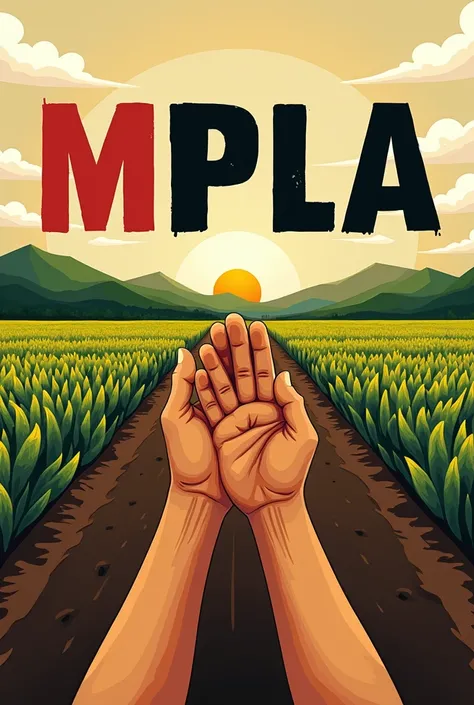  Make a poster it includes a landscape of an agricultural field with the words mpla united in the earth underneath be written together we build a better future, The colors of the letters must be red black and yellow and two hands joined together symbolizin...