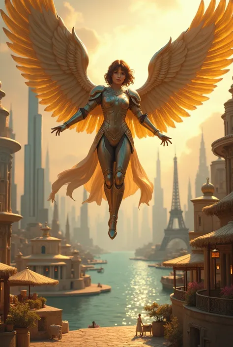  The woman in iron armor short brown hair and golden wings flies over a golden sky , a sea divided on one side Dubai skyscrapers  ,  wonders of the modern world  , orca whales  ,  gold buildings  , disney , torre Eiffel ,  representations of several countr...