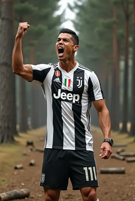 Cristiano Ronaldo, wearing his Juventus jersey, stands in a rural setting with tall trees in the background. His body is very muscular, with defined arms and a strong posture. He raises one arm as if about to strike, his expression intense, with his mouth ...