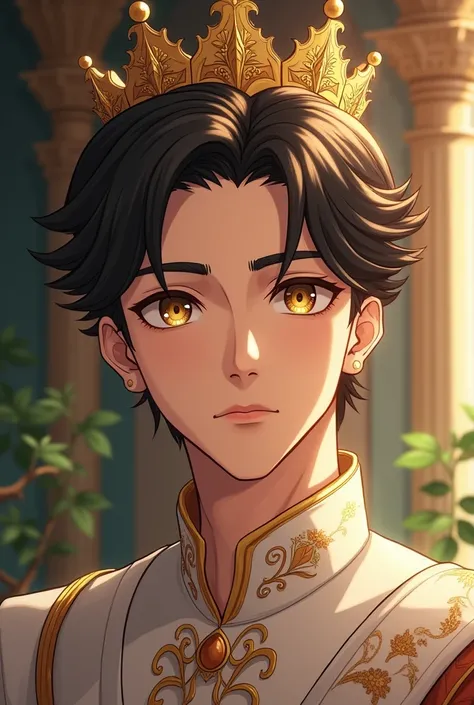  a prince with a crown , rubio,  honey-colored eyes , kind and sweet .  realistic anime style