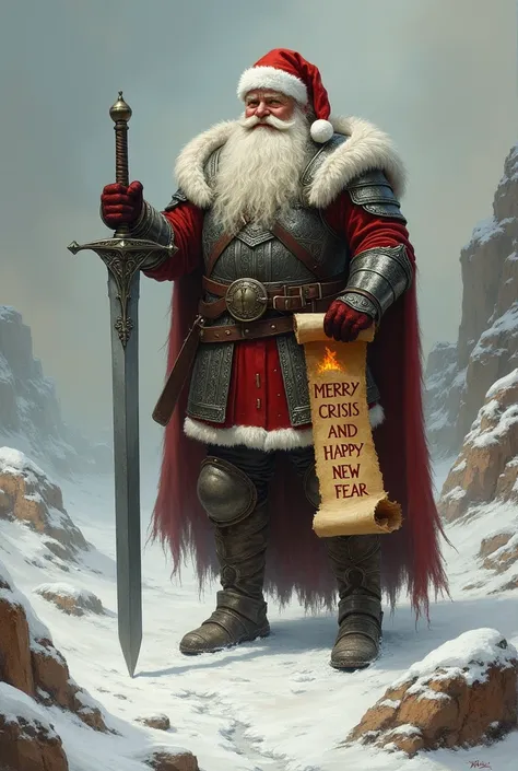 Santa claus as a norman warlord, snowy dessert. Like painting. Smiling. Burning letters MERRY CRISIS AND HAPPY NEW FEAR