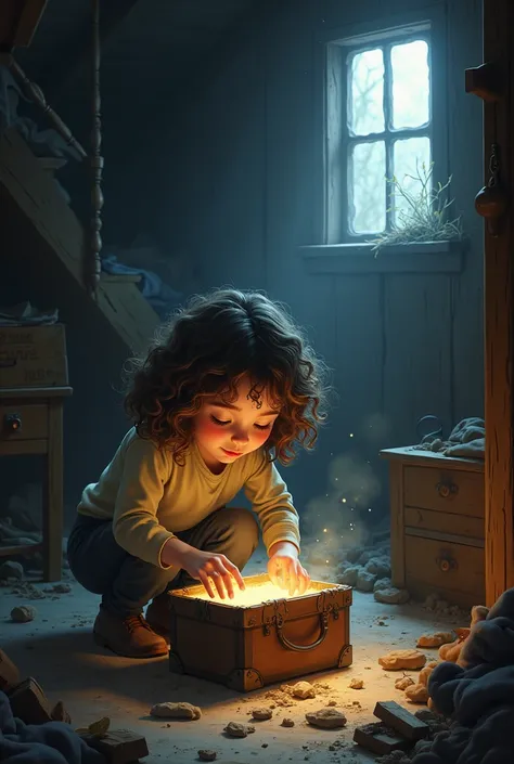 A  , with brown curly hair, finding an old box in an old attic ,  illuminated by a small window with moonlight coming in.
