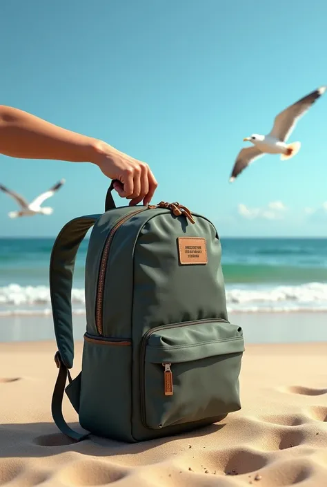 A HAND TAKING SOMETHING OUT OF A BACKPACK ON THE BEACH