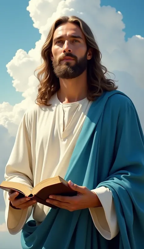 A man with a serene appearance ,  representing Jesus , with long hair and beard,  wearing a white robe with a blue cloak superimposed .  He is holding an open book , looking calmly forward .  The background is composed of a clear sky with voluminous white ...