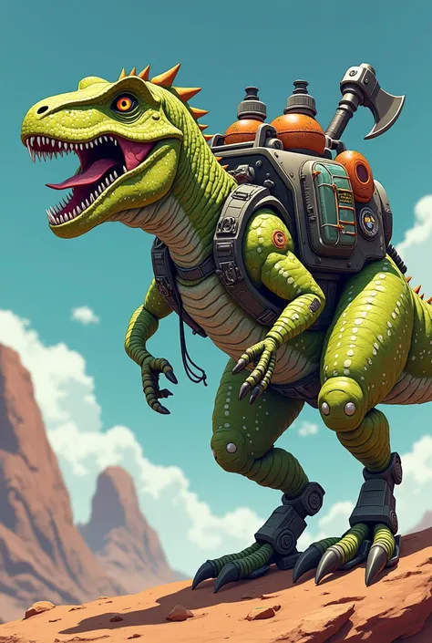  a front explorer wearing a futuristic dinosaur armor with constellation patterns and scaly texture in green and yellow with white specks and gold details, silver, blue, orange, red, black and brown.  It has mechanical dinosaur legs .  among its accessorie...