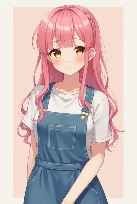 A female character with pink hair and golden eyes.  Her age is around 21 years. She had her hair down and half-braided. Wear a white dress underneath and some cute denim overalls. Pastel tones. Overalls are overall skirts. Korean art style 