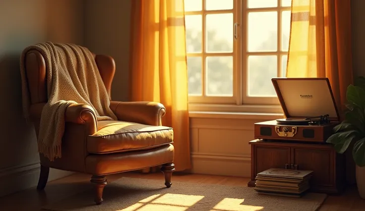 "A vintage armchair by a sunny window with soft, golden light streaming in. A record player sits beside it with a stack of vinyl, while a cozy knitted blanket drapes over the chair."

