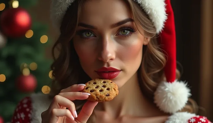 a very sexy lady wearing santa clause dress, holding a cookie in her hand, beautiful detailed eyes, beautiful detailed lips, extremely detailed face and skin, longeyes lashes, realistic shadows and reflections, cinematic lighting, photorealistic, 8k, highr...