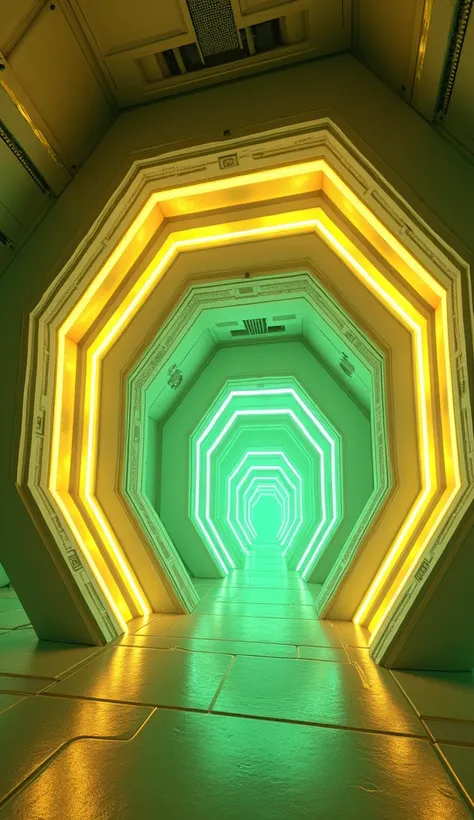 LEDs Cyber Punk Golden Hexagon Center Tunnel, green color, three white pillars neo , three laterally long windows with neon white glitter, contrasted