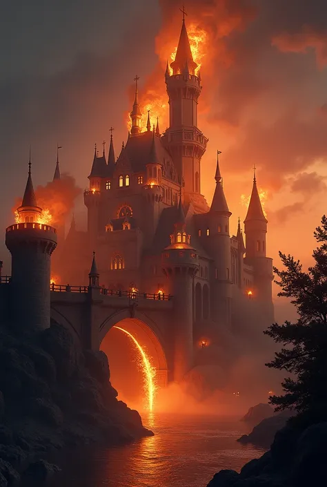 a castle connected to a stable building by a walkable bridge on fire at night. 