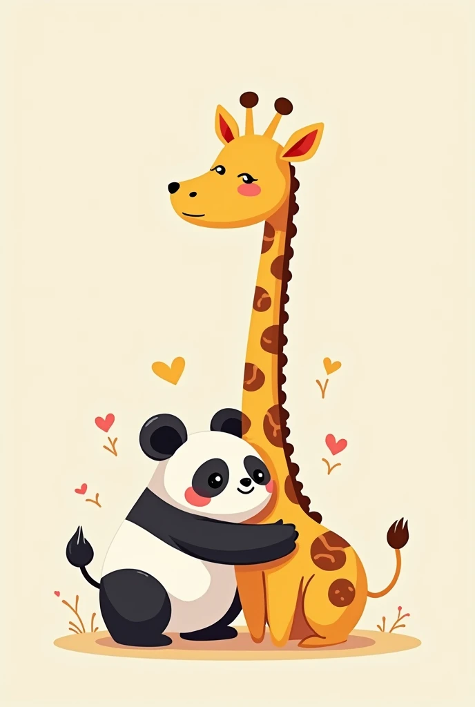  create a backgroundless image of a panda and a giraffe hugging each other in cartoon style, They must be cute and sweet  