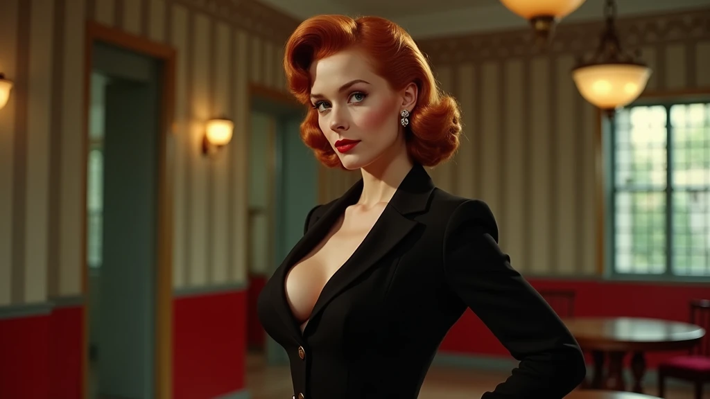 Screengrab of 1950s Super Panavision 70 movie. Retro in color. a redheaded woman, with a 1950s hairstyle, wearing a tight black suit, with a large cleavage looking away from the camera. 