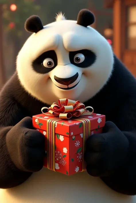 Kung fu panda character : Po looking head-on, approaching the screen from half his torso up, clutching a Christmas present with lots of Christmas decorations.