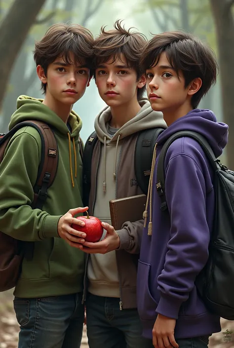 3 young men together，students with backpacks,  Holding a book or holding an apple，Realistic fantasy style ， clothing color green and purple, with eyes forward.