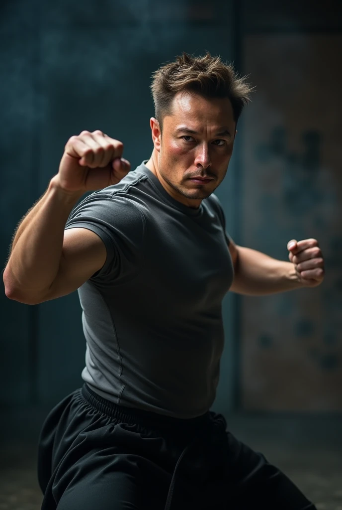 make a realistic , cinematic photot of elon musk pose martial arts , his face will be clearly visible