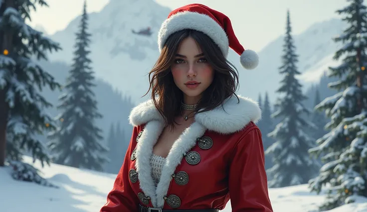 GTA6 style brunette woman, style GTA 6 , in Santa Claus outfit , in a Christmas landscape  