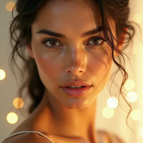 A close-up composition of a stunning Latina model womans face with flawless skin and golden accents on her skin. The image focuses on her face and a small part of her shoulders. The background is an elegant, bright white with golden highlights, shimmering ...