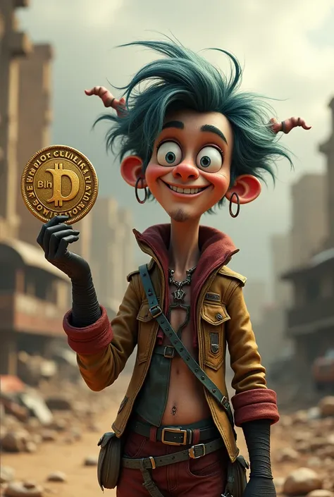 A post-apocalyptic scenario with a funny character holding a shiny coin with the name Apocalypse Coin