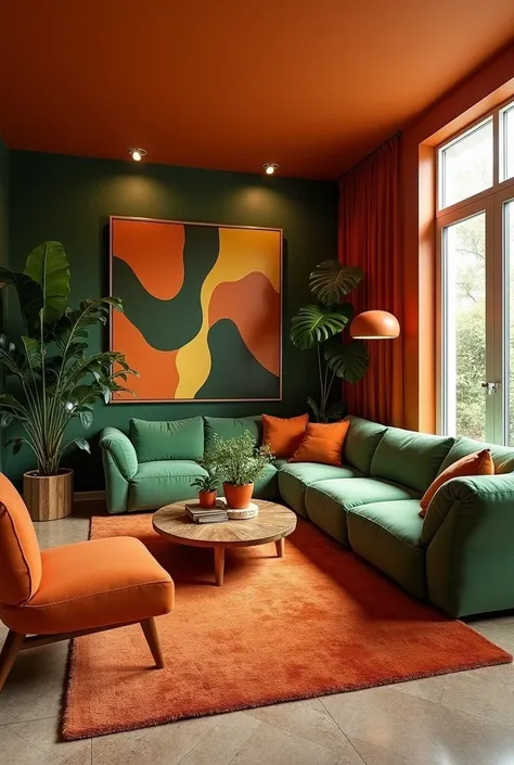 * Walls :  A rich ,  could prevail in the upholstered furniture ,  possibly in a rich ,  matte shade ,  green palm tree or a monstera .  combining the tropical atmosphere of Miami with the typical 70s elements ,  This picture represents a mix of an elegant...