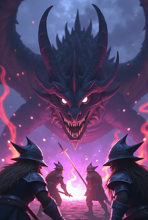 violent fight of 4 different dwarves, all with a different helmet, against a dragon in swirling purple flames, glowing white eyes piercing the smoke. The background is predominantly dark, highlighting the intensity of the fiery colors and the sinister pres...