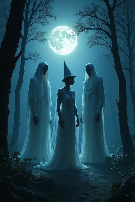 I need a picture .  It is at night the moon is shining and there are 3 ghosts in a clearing in the forest. One ghost is approximately 1 , 30 tall and has pointed ears like an elf .  The other ghost is female 1 , 60 tall and wears a pointed hat .  The other...